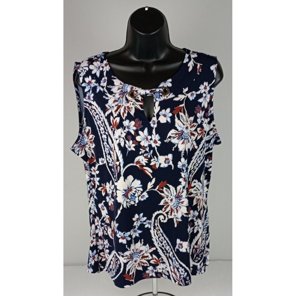 Tommy Hilfiger Womens XL Navy Red White Floral Paisley Sleeveless Blouse